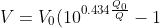 V= V_0 (10^{0.434\frac{Q_0}{Q}}- 1)